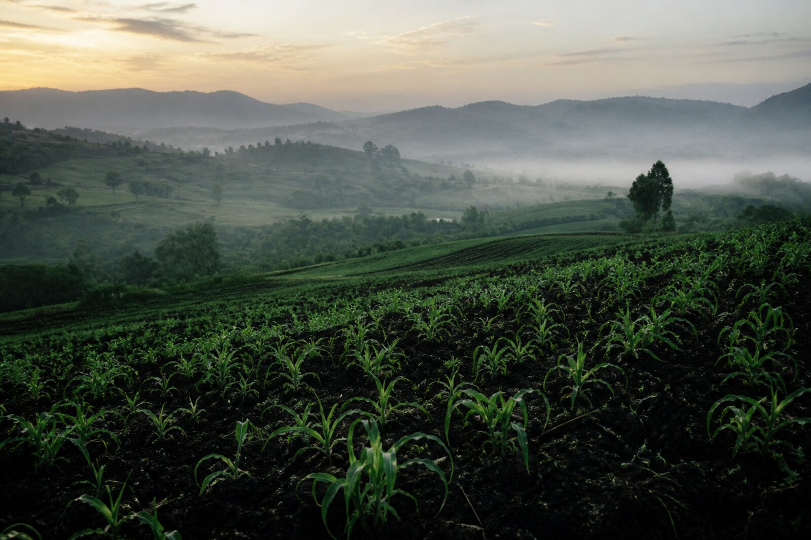 Wide highland crop rows — the scale of Ethiopia’s cluster farming networks