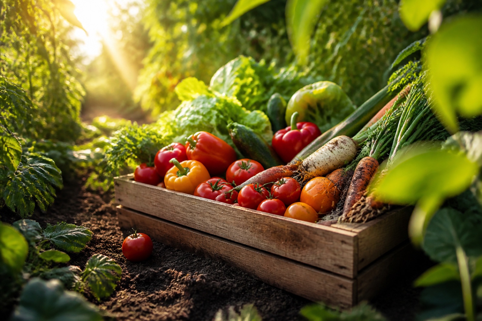 Fresh harvest vegetables in a wooden crate under soft canopy light