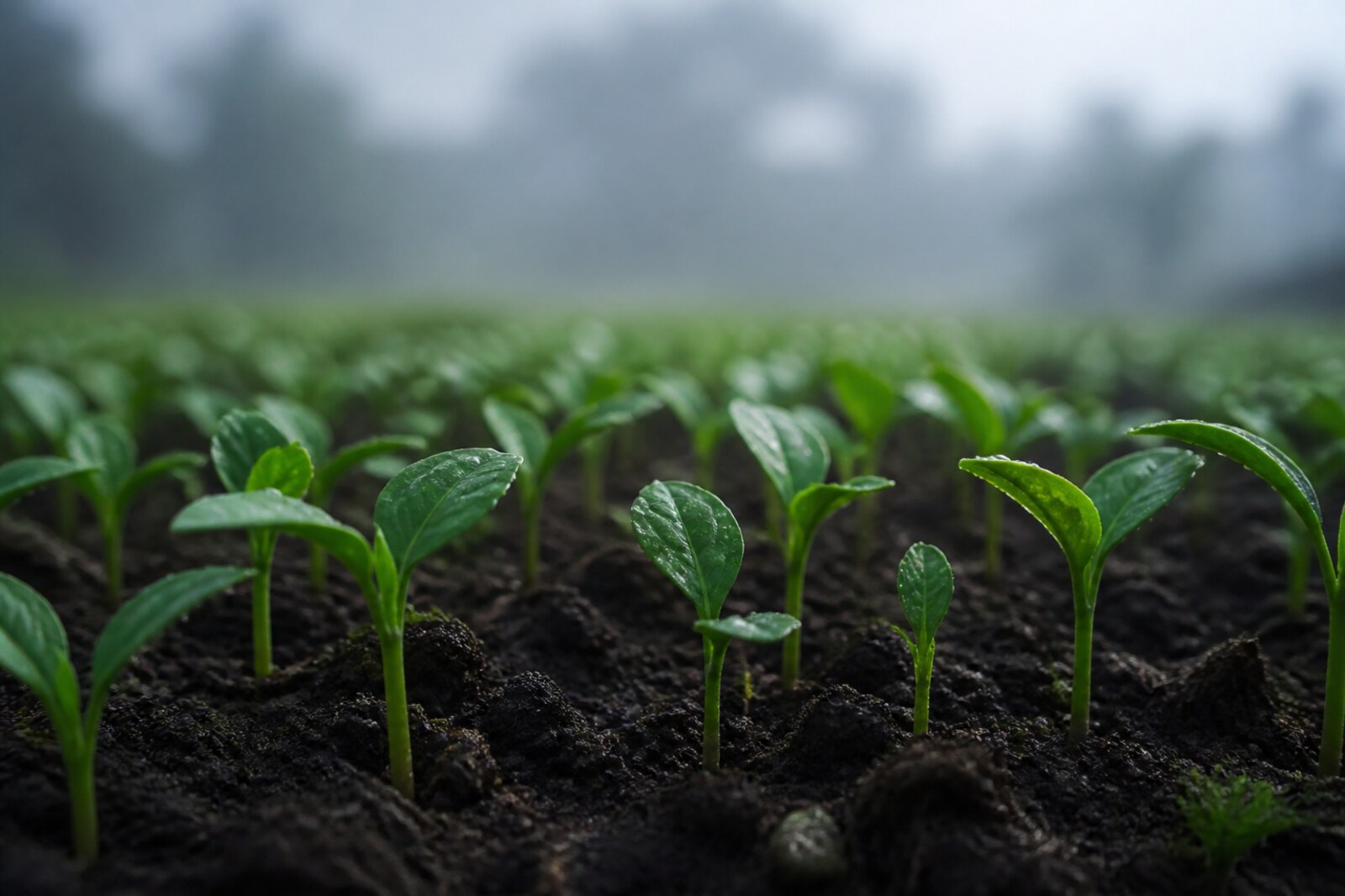 Young seedlings emerging from dark, living soil in soft mist